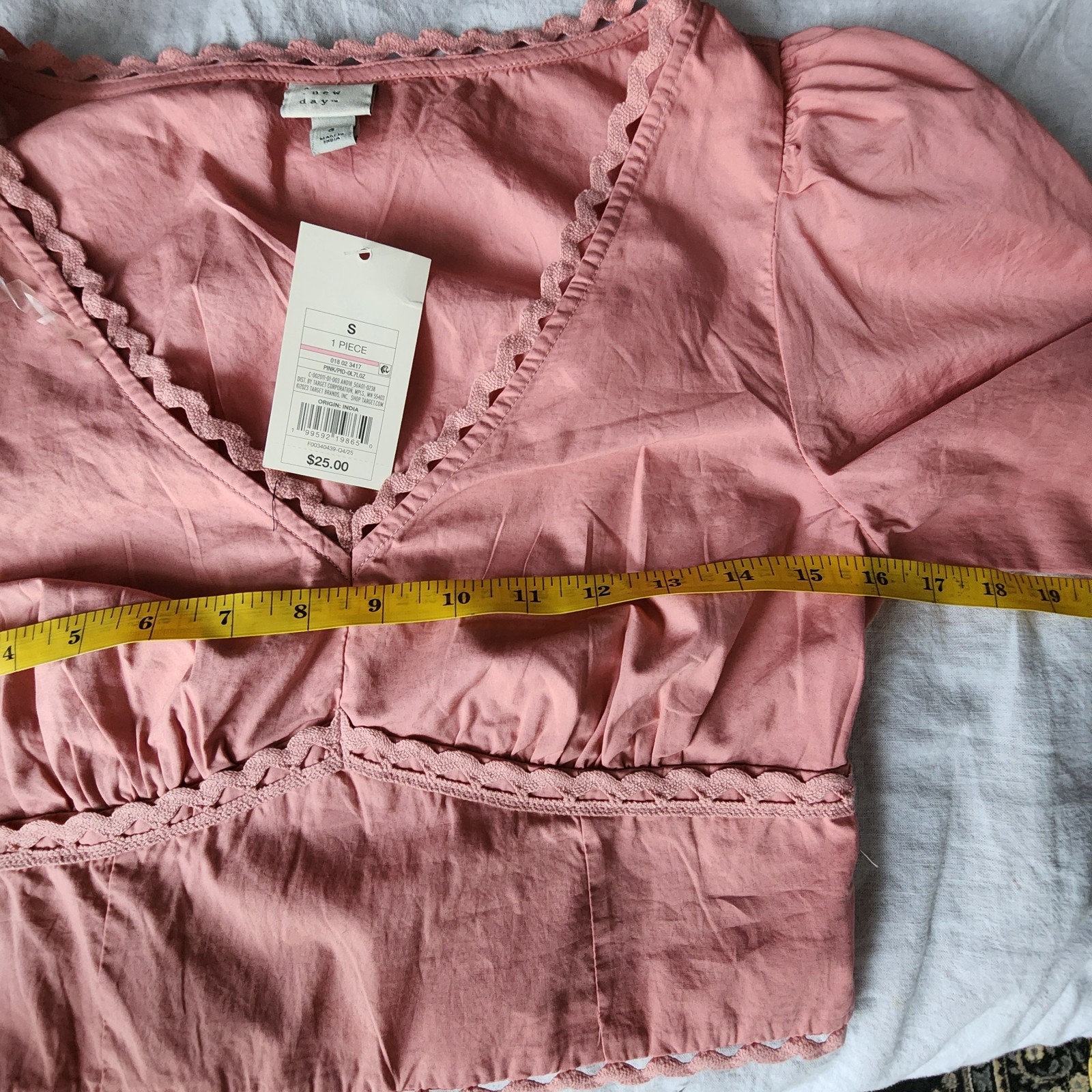 A New Day Pink Cotton Woven Cropped babydoll Puff Sleeve Smock Blouse S cottage