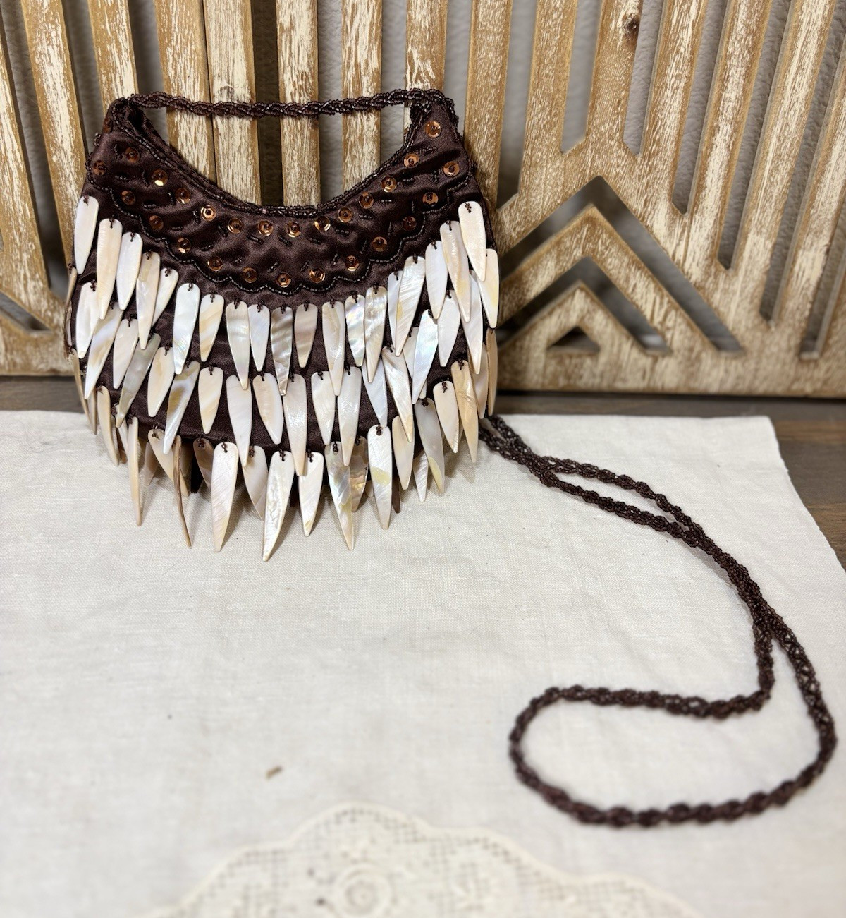 Vintage Boho Purse with white mother of pearl shell fringe