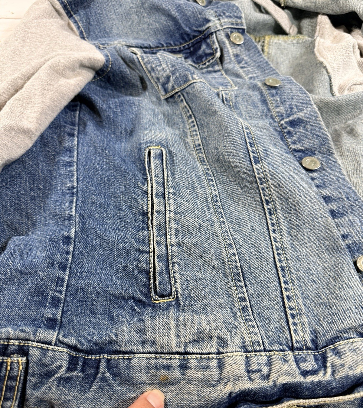 Arizona Jean Hooded Jacket Sz S Denim Button Up Blue Hybrid Trucker Distressed