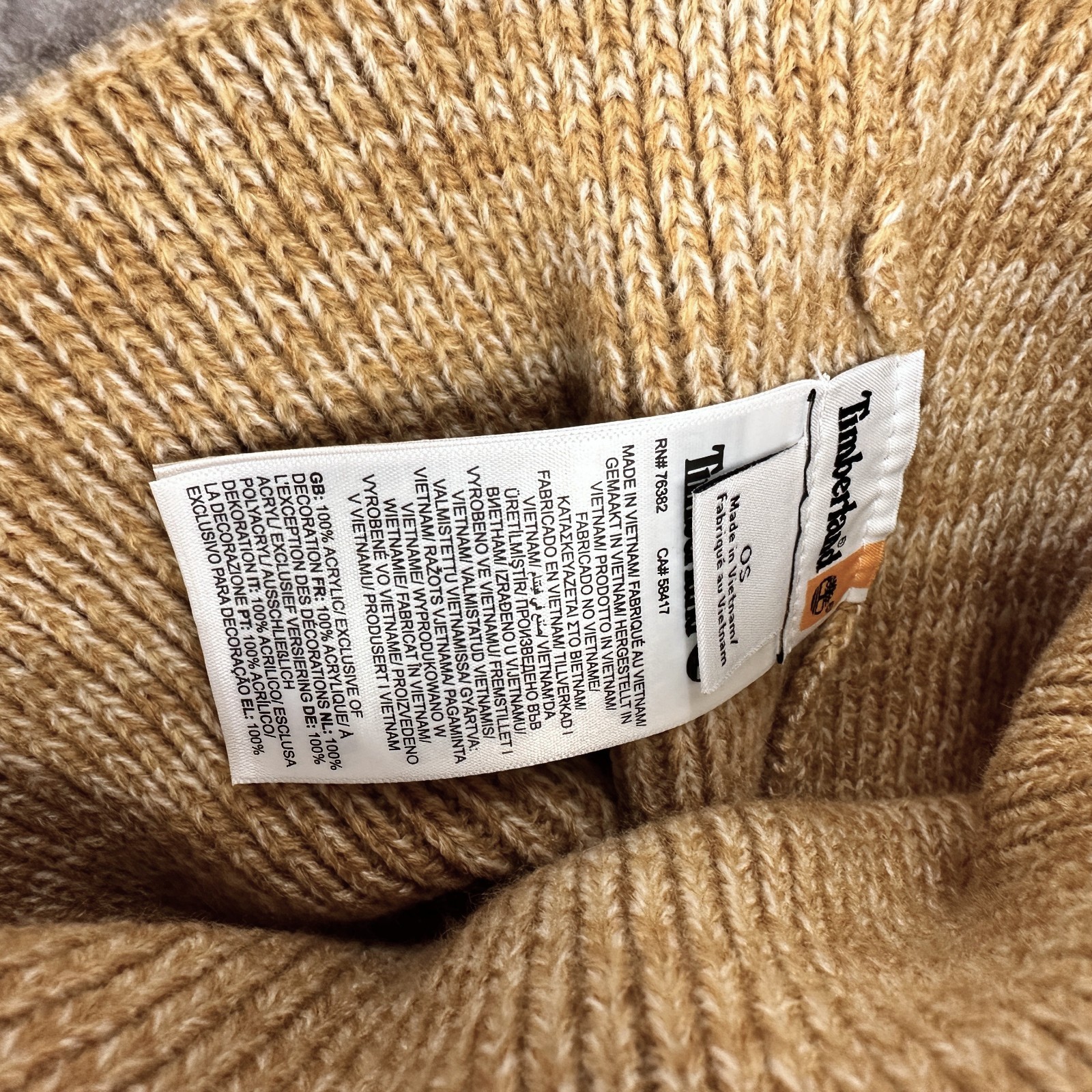 NWT Timberland Leather Patch Cuffed Beanie Hat One Size Tan Wheat Marled Knit