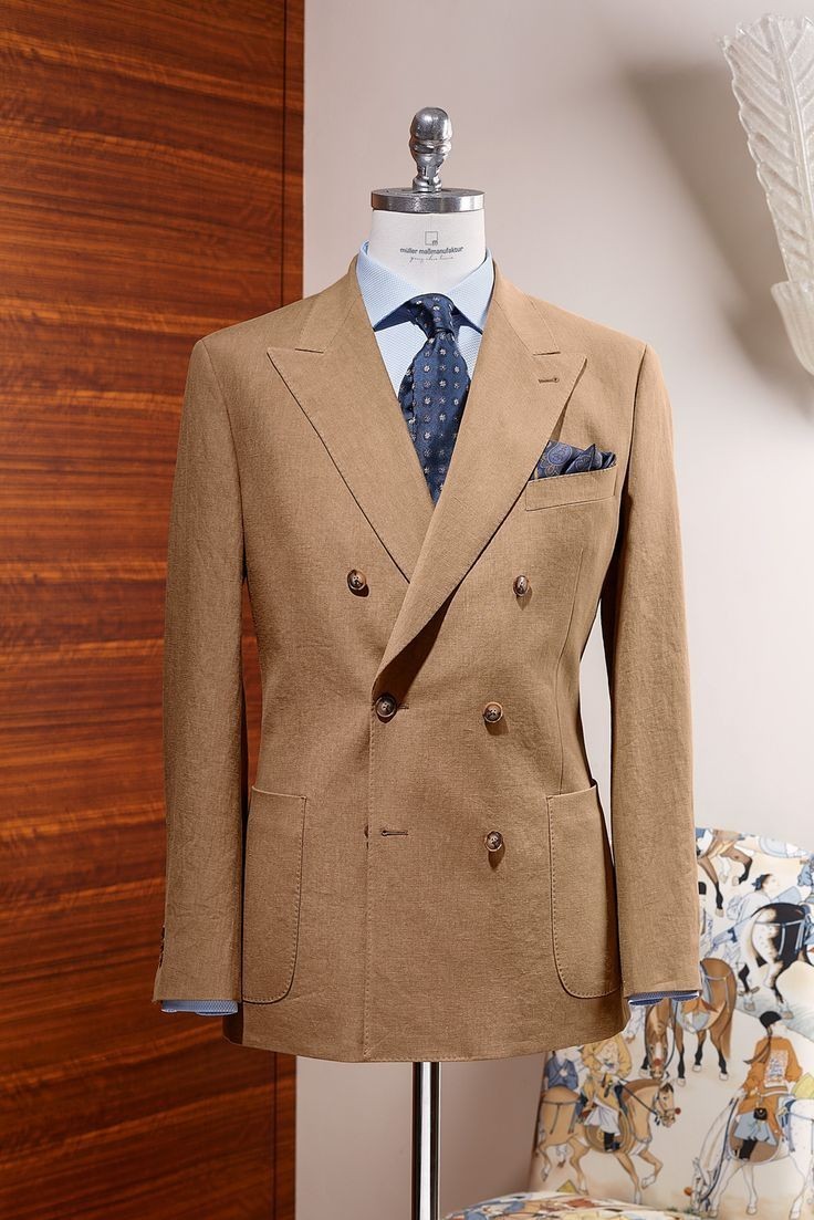 Double Breasted Linen Men’s Suits Summer Blazer Khaki Beach Jacket Casual Coat