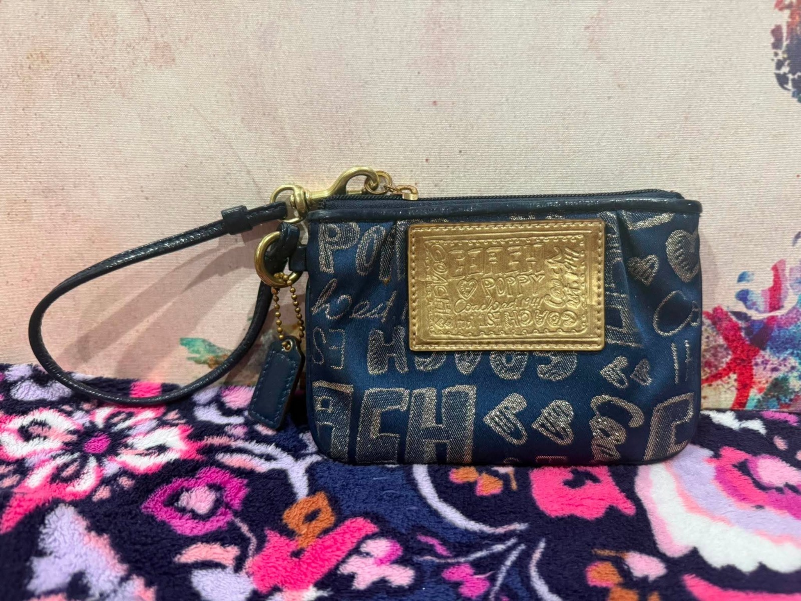 Coach Poppy Wristlet Small Wallet Pouch Blue Gold Leather Trim Canvas 0030