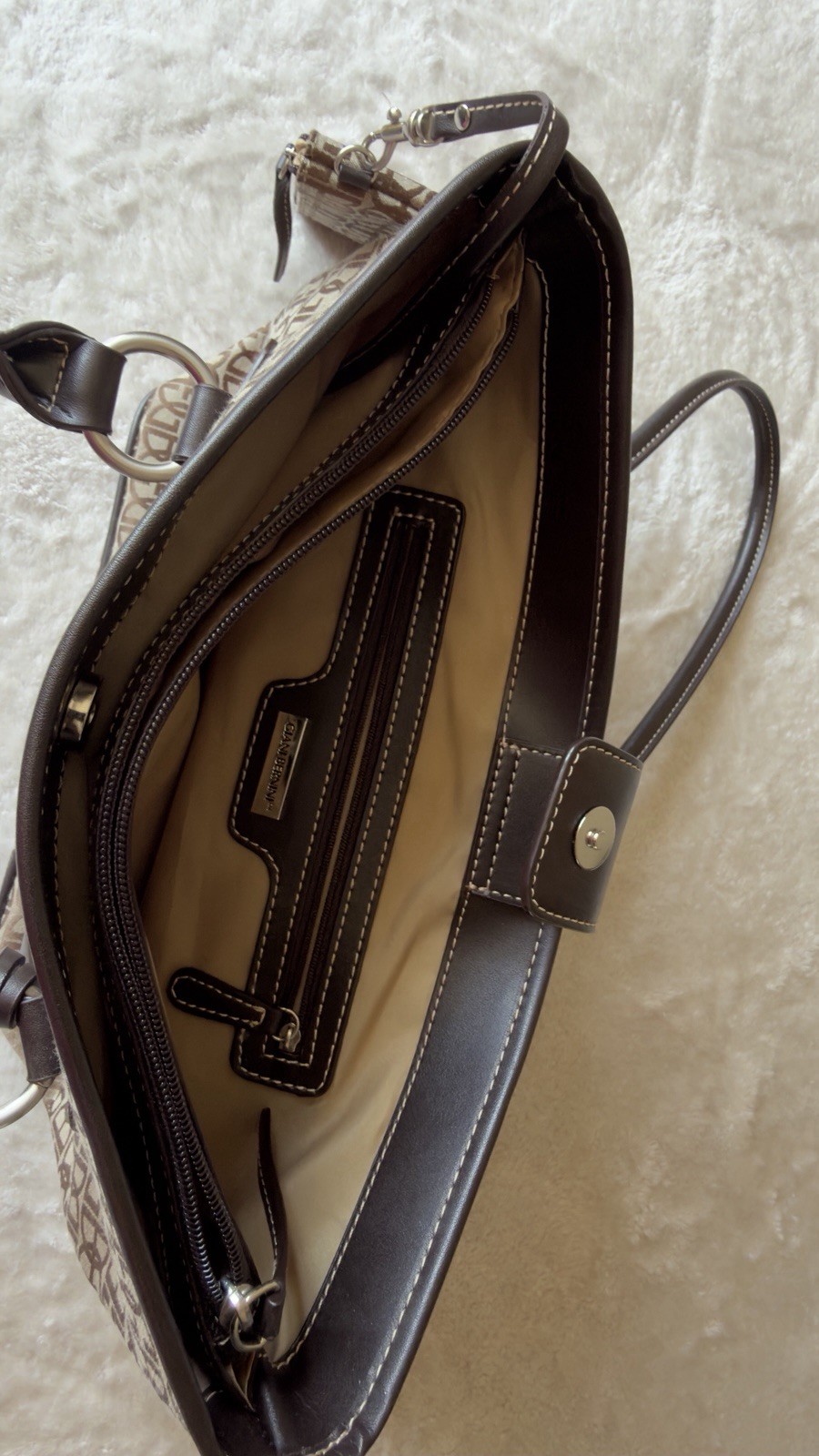 Giani Bernini Brown Monogram Large Tote Zip Top Front Zip Pocket Pouch Silver