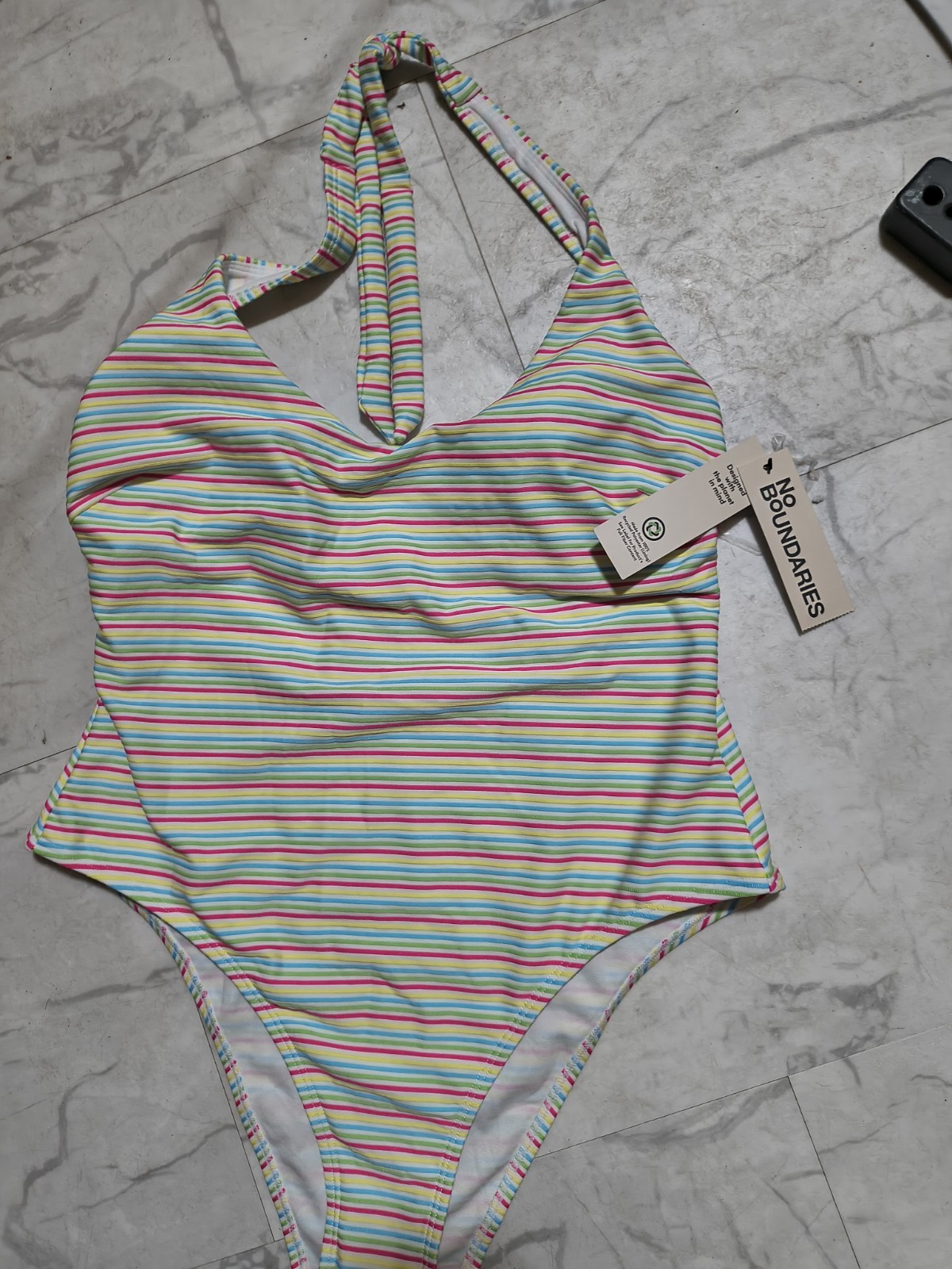 No Boundaries Women’s Multicolor Striped Halter One-Piece Swimsuit L Nylon