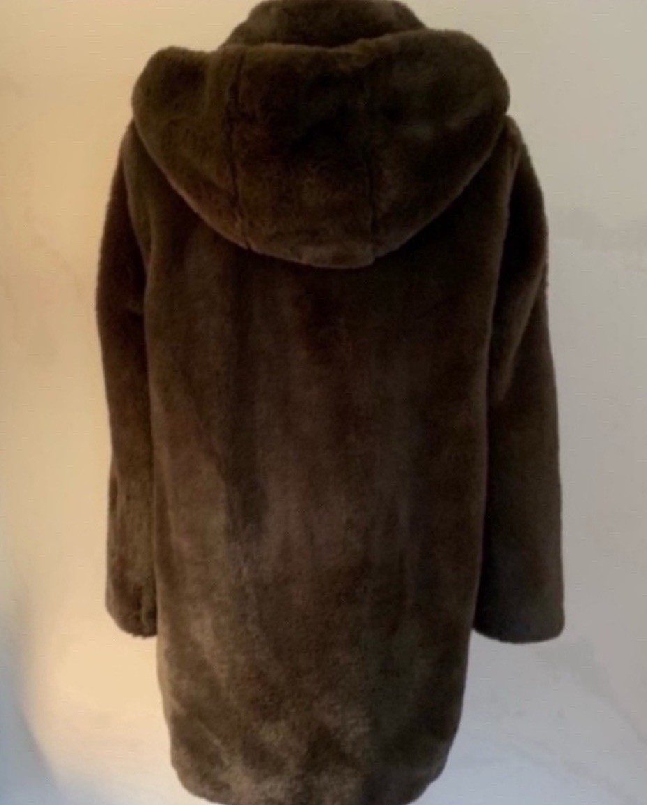 DKNY Olive Green Faux Fur Hooded Shawl Collar Coat
