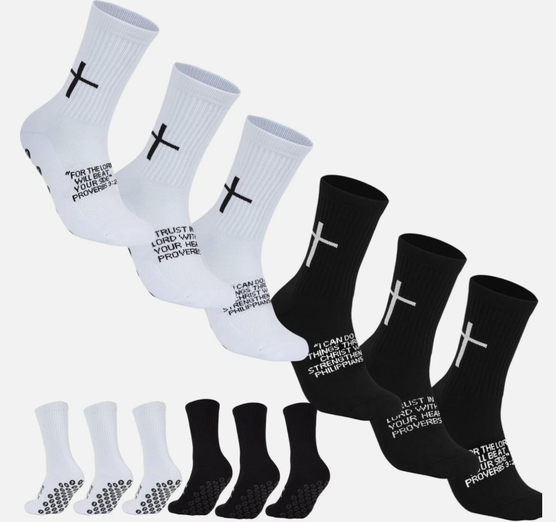 6 Pairs Cross Grip Soccer Socks for US 6-13 – Anti-Slip Christian Socks with Bib