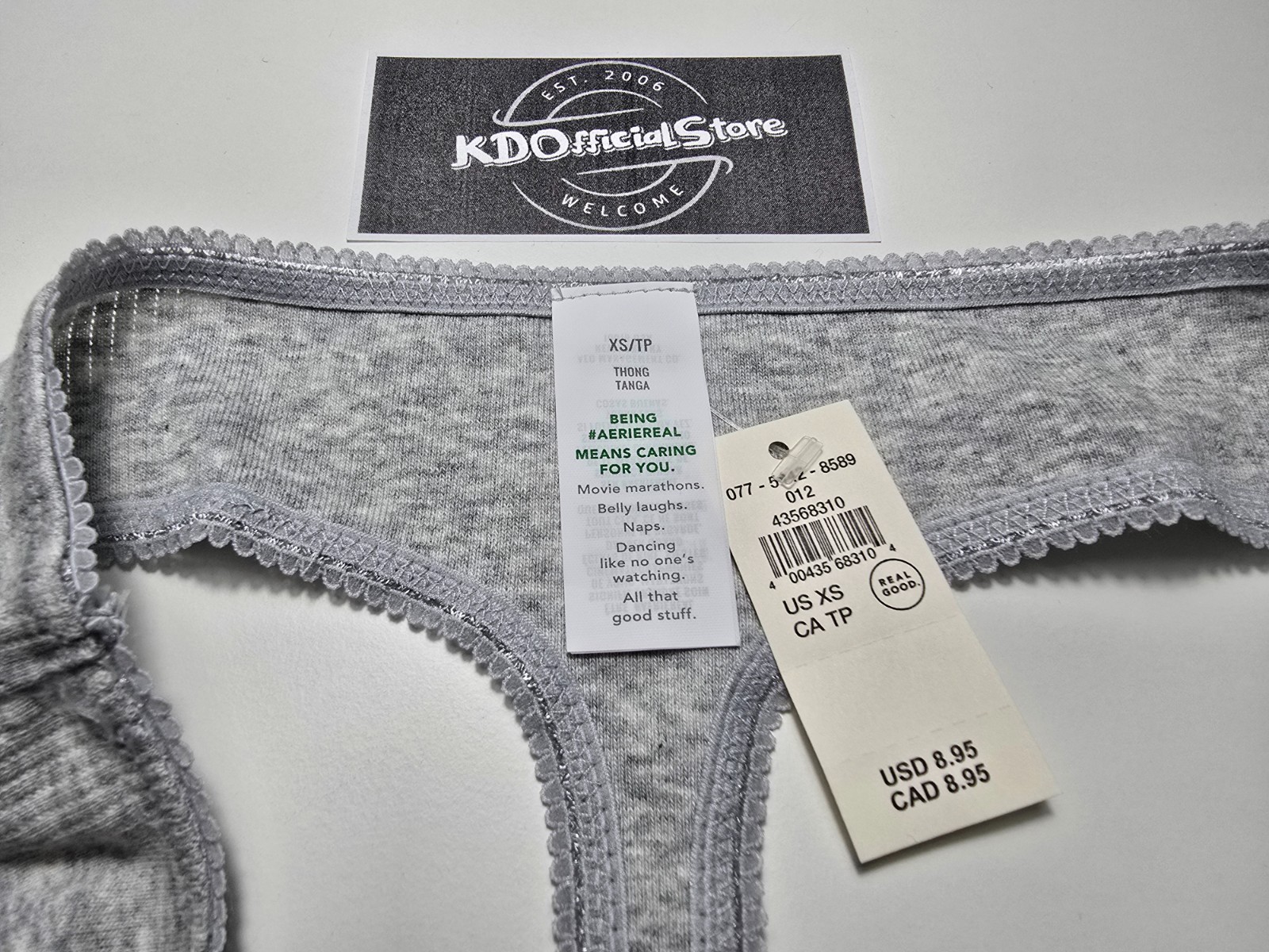 XS American Eagle AERIE Superchill Pointelle Thong Panties Underwear MedHtr Gray