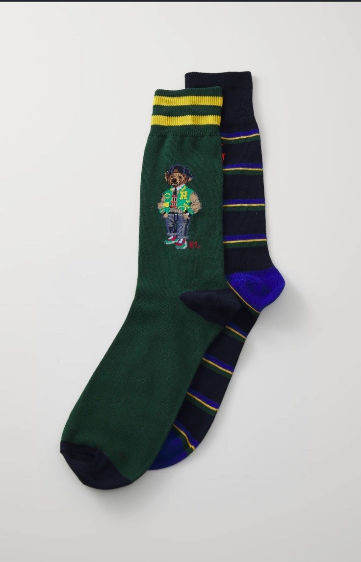 NWT! Polo Ralph Lauren Preppy Bear And Striped Sock (2 Pair)Men’s Shoe SZ 6-12.5