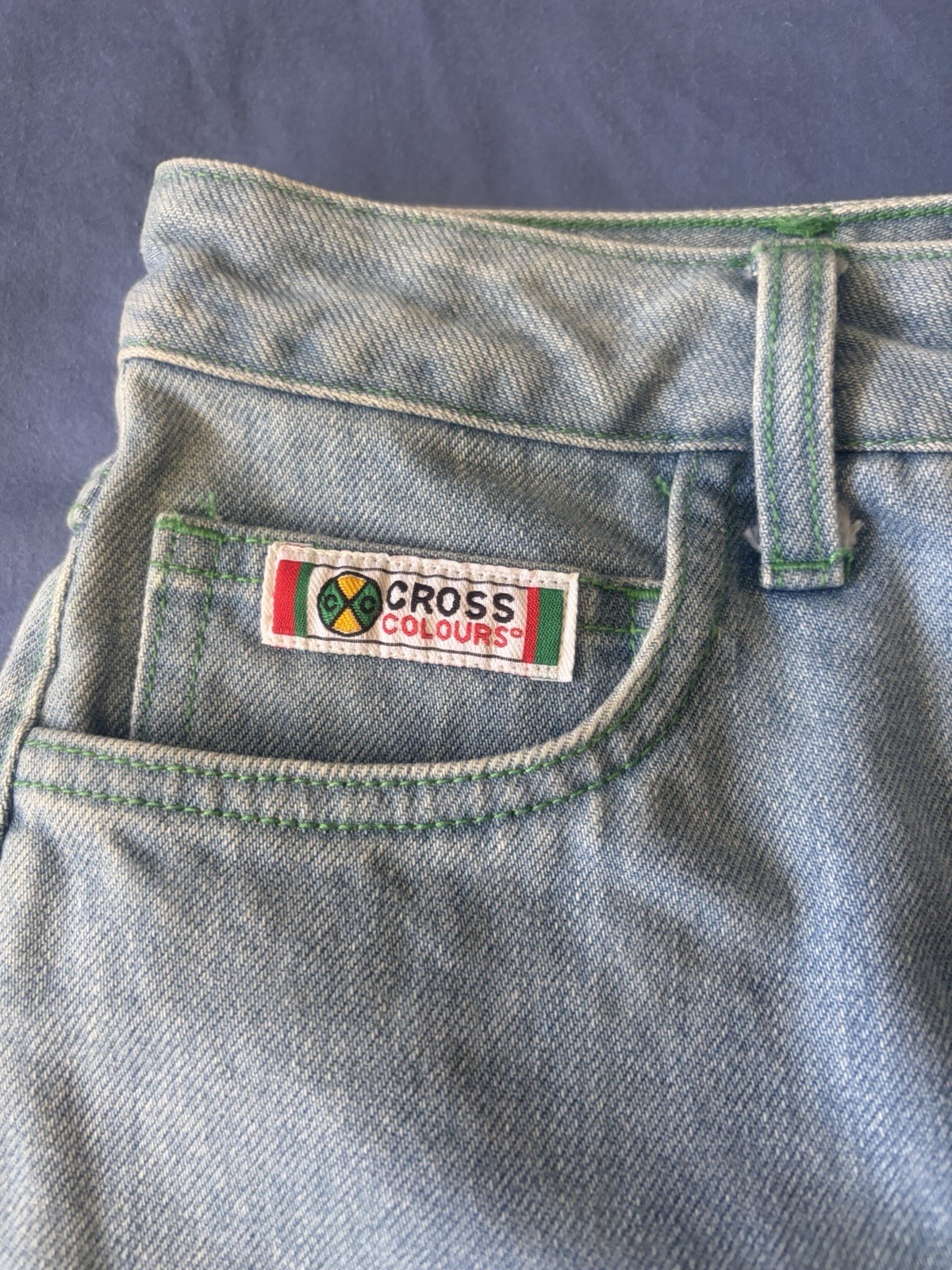 Cross Colours YA DIG Light Wash Blue Denim Cuffed High Rise Logo Shorts 24