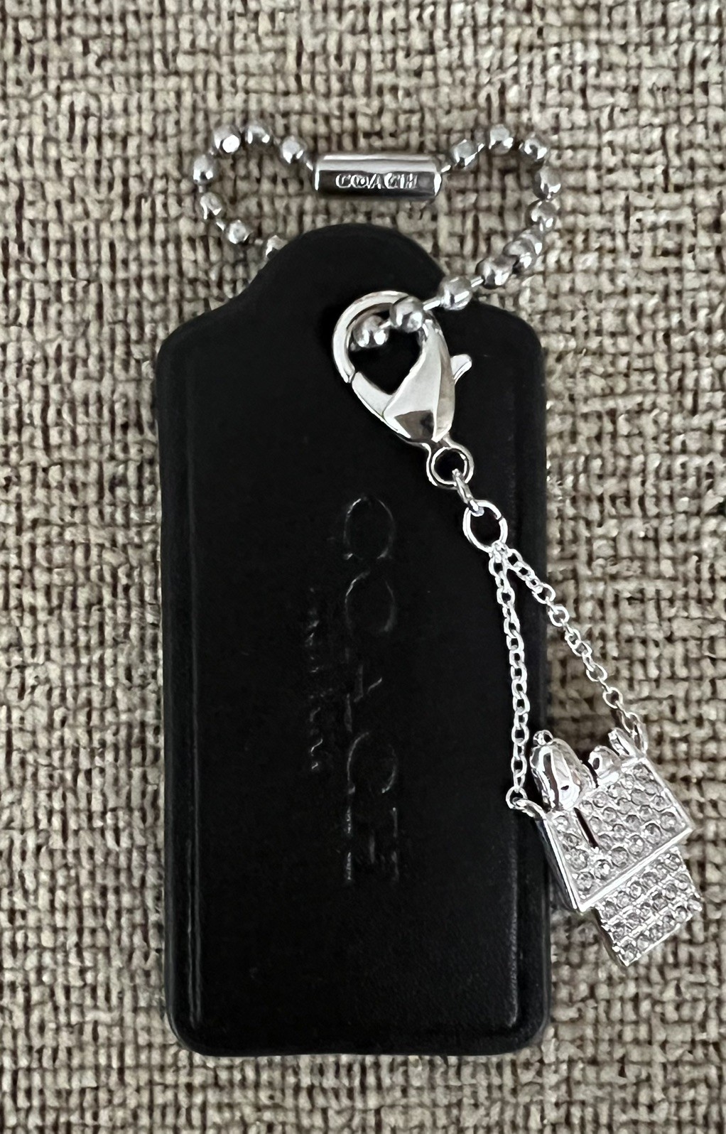 Coach 2.25” Black Leather HangTag & Peanuts Snoopy Silver Bling House Charm