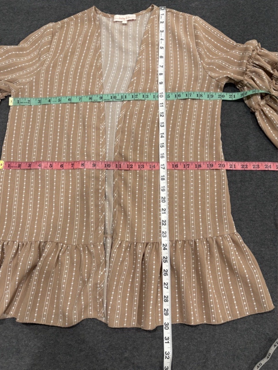 Hailey & Co Brown White Striped Open Front Ruffle Hem Bell 3/4 Sleeve S
