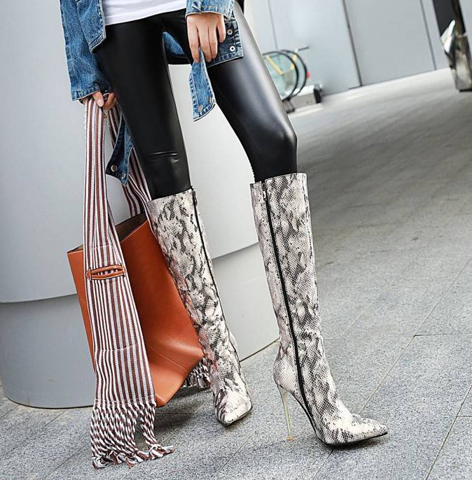 Plus Size Womens Pointy Toe Snake Pattern Stiletto Heels Knee High Boots Fashion