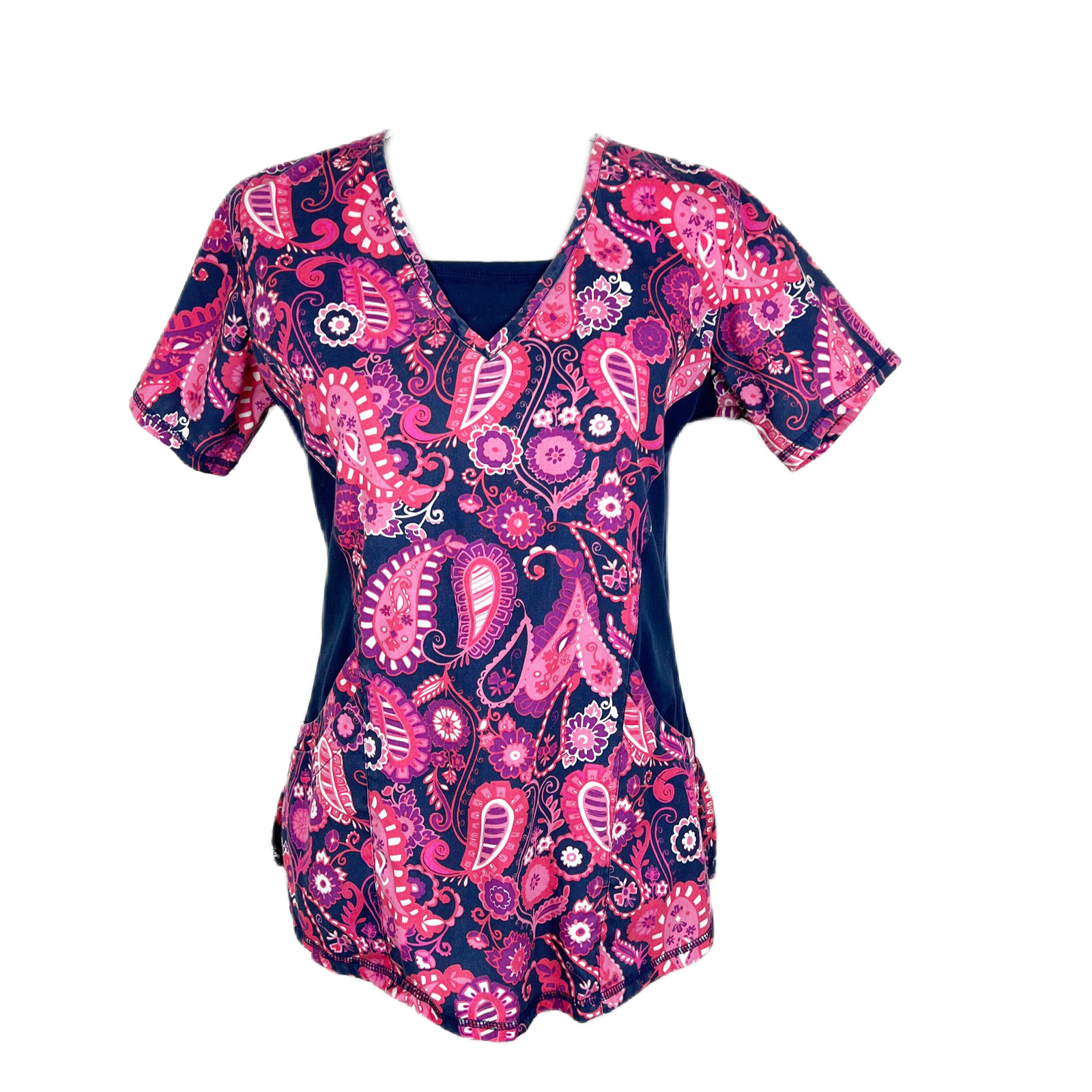 UA Scrubs Shirt Women Small Pink Blue Short Sleeve Medical Hospital Clinic