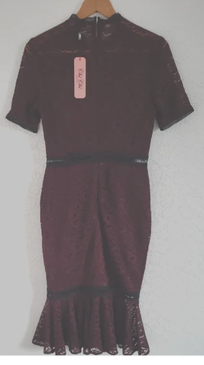 Chi Chi Sharney Dress Berry Red Black Inserts Pencil Style Frill Hem Midi 8-10