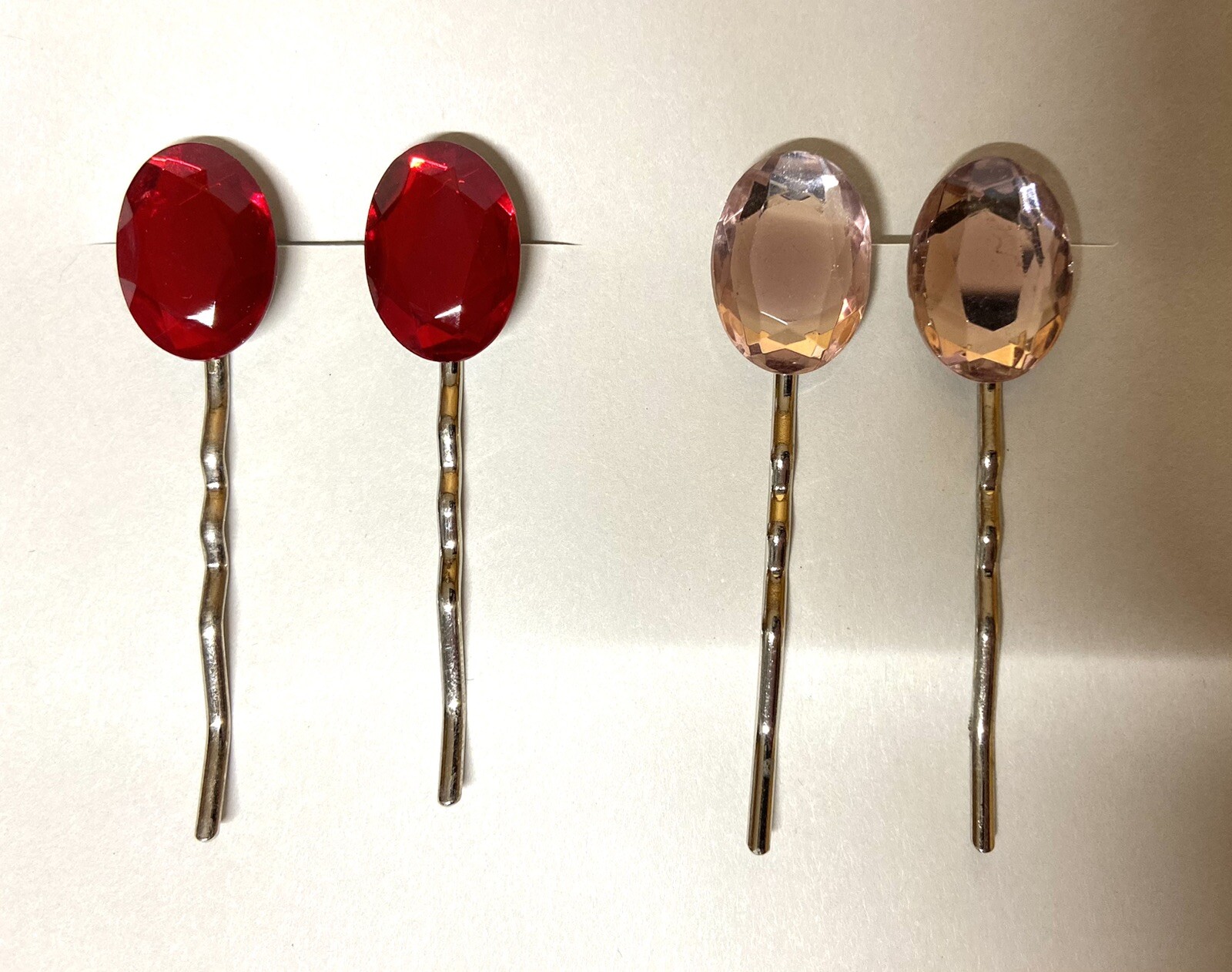 2x Bobby Pin sets- GLASS STONE ACCENT- OVAL RED and LAVENDER FACETED STONES