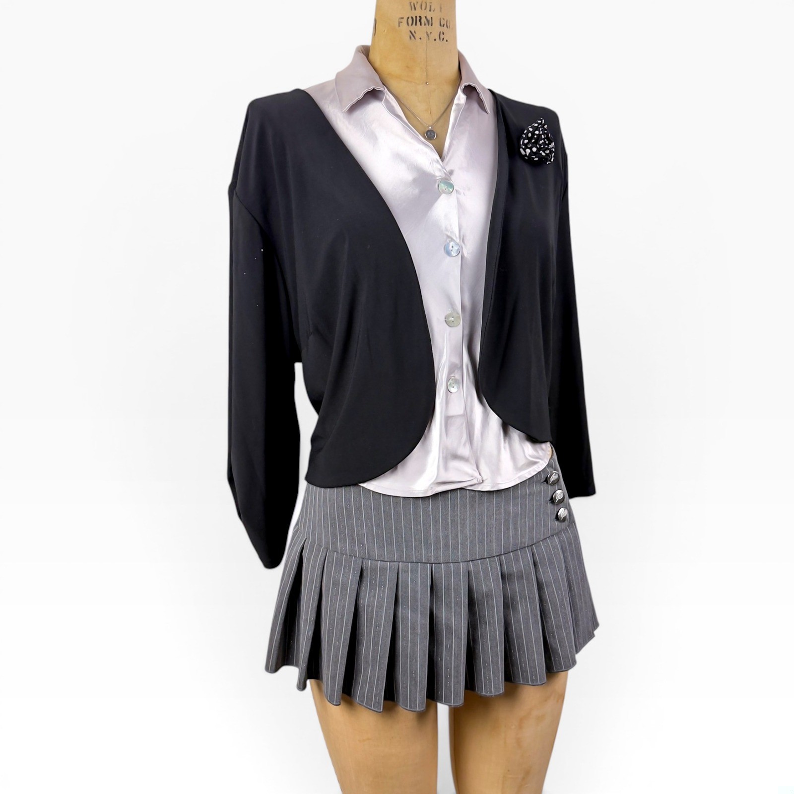 Y2K Rosette Brooch Bolero Shrug Polka Dot Open 3/4 Sleeve Dark Romantic Size L