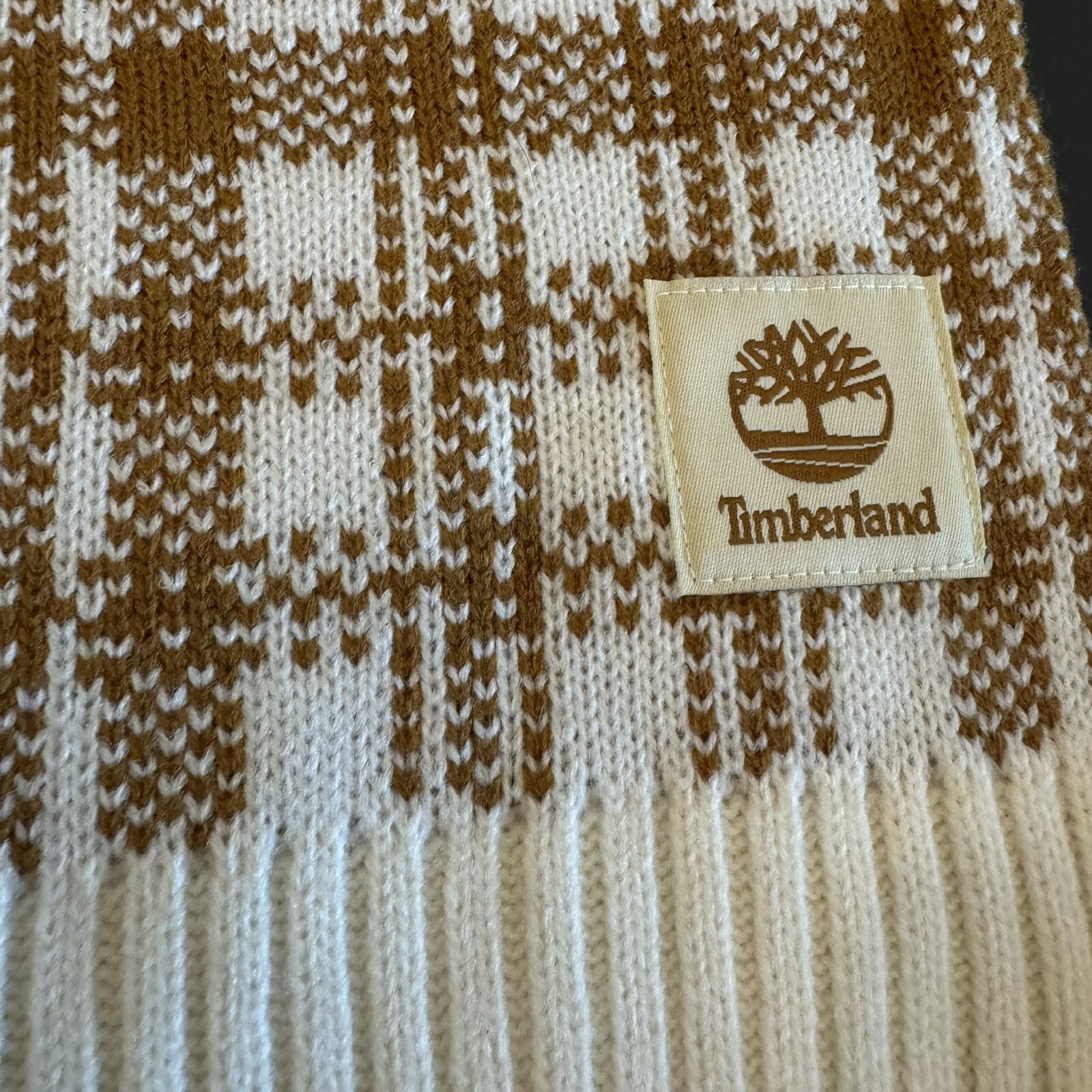Timberland Scarf Unisex OS Wheat Brown Plaid Knit Logo NEW
