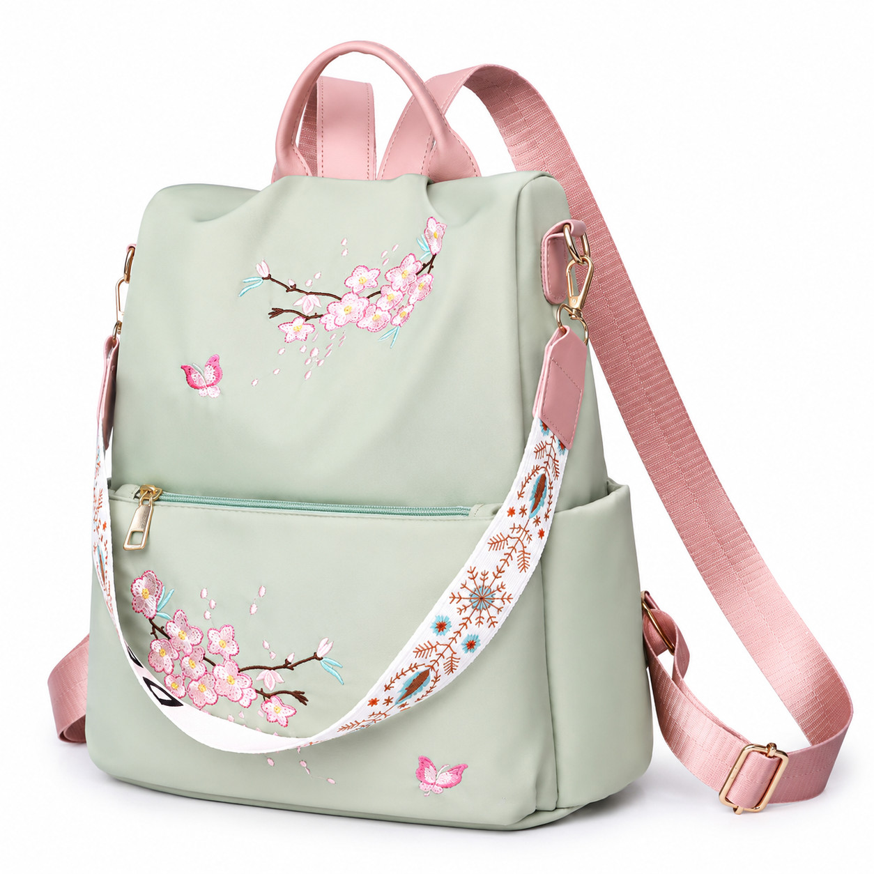 Women Cherry Blossom Embroidery Backpack Anti-Theft 2in1 Shoulder Bag Black