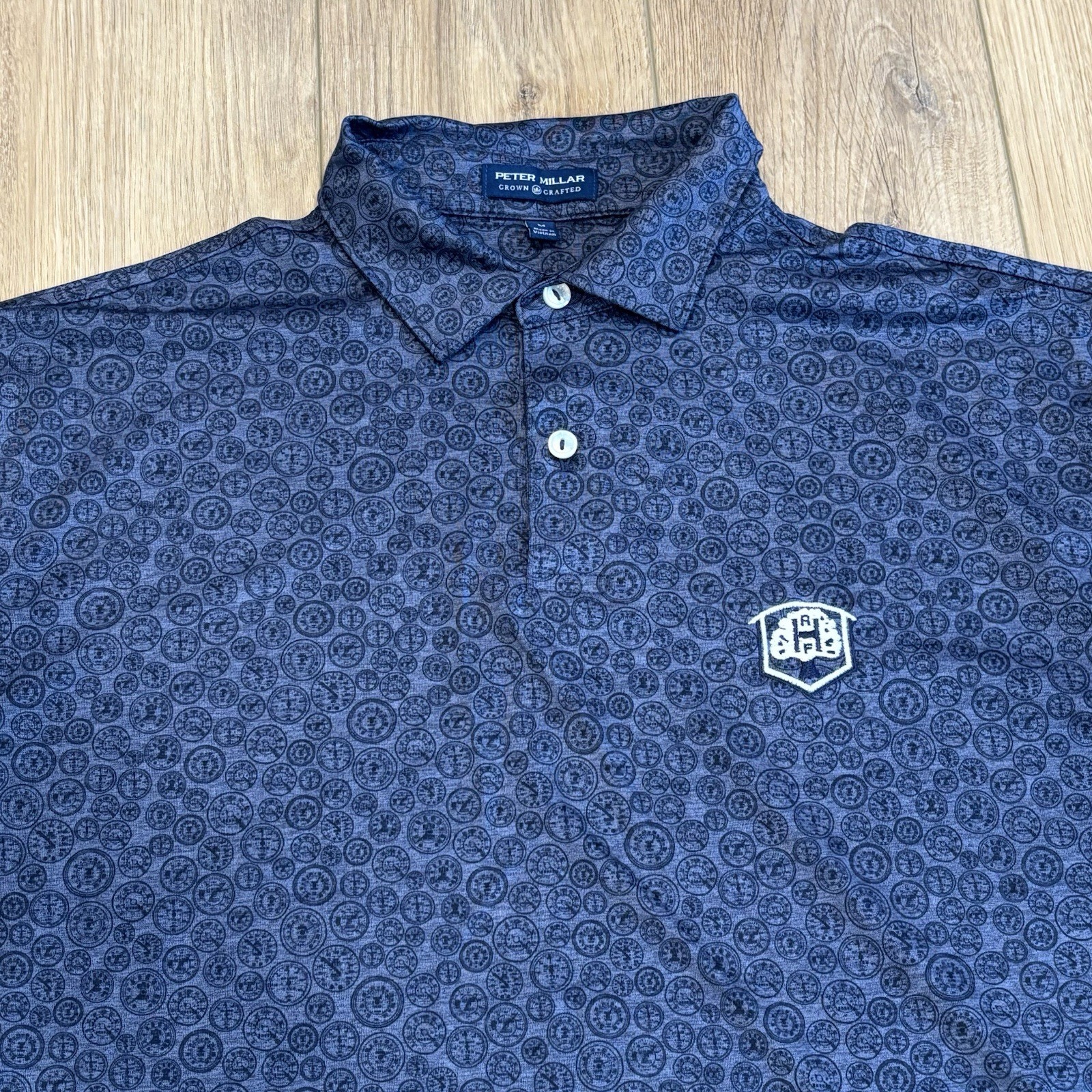 Peter Millar Crown Crafted Men’s Polo Golf Shirt Size Medium Clock Print Pattern