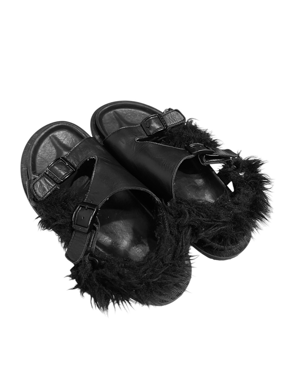 Sacai Black Leather Adjustable Buckle Sandals with Fur Trim ($685) Size 7