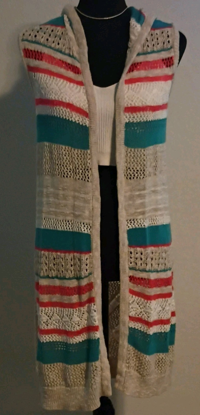 Natural Reflections Striped Hooded Knit Sweater Vest Beige Teal Red Size S