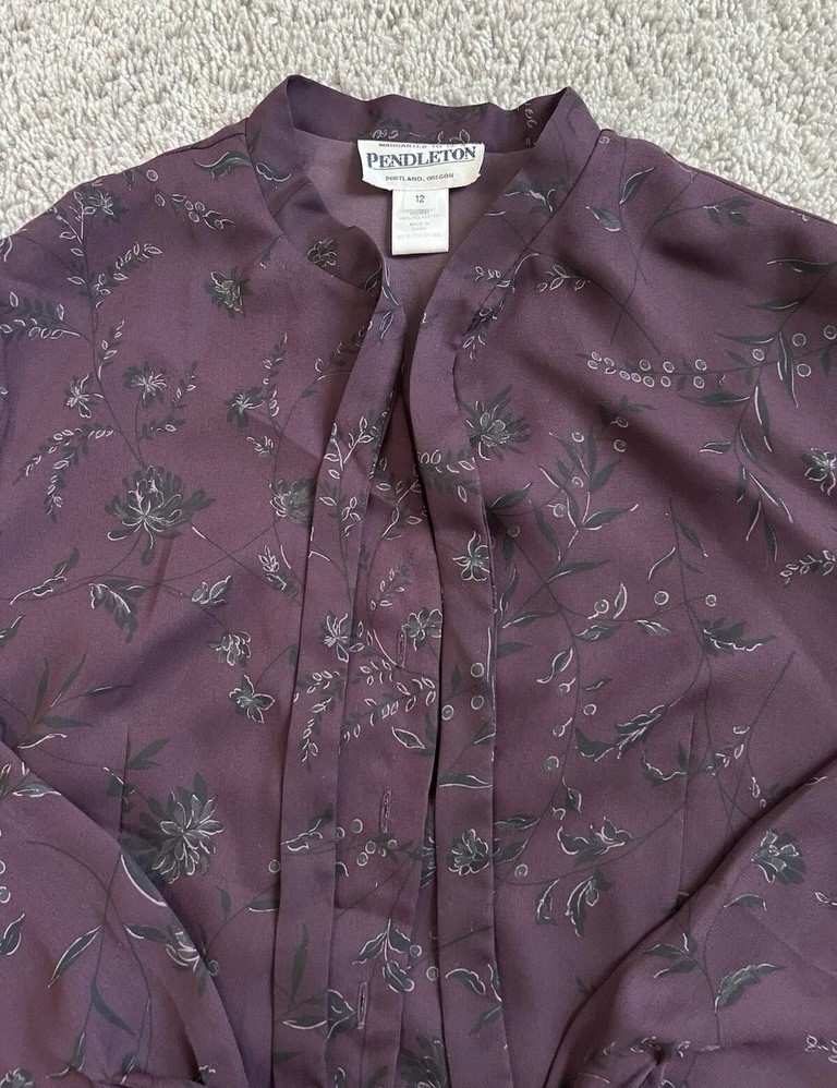 Pendleton Womens Size 12 Burgundy Floral Tie Neck Blouse Button Front Boho