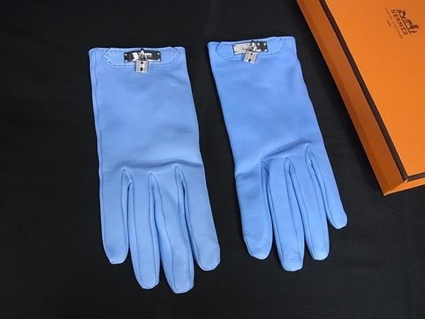 Hermès Kelly Leather Gloves Light Blue Silver Cadena Size 6.5 Authentic