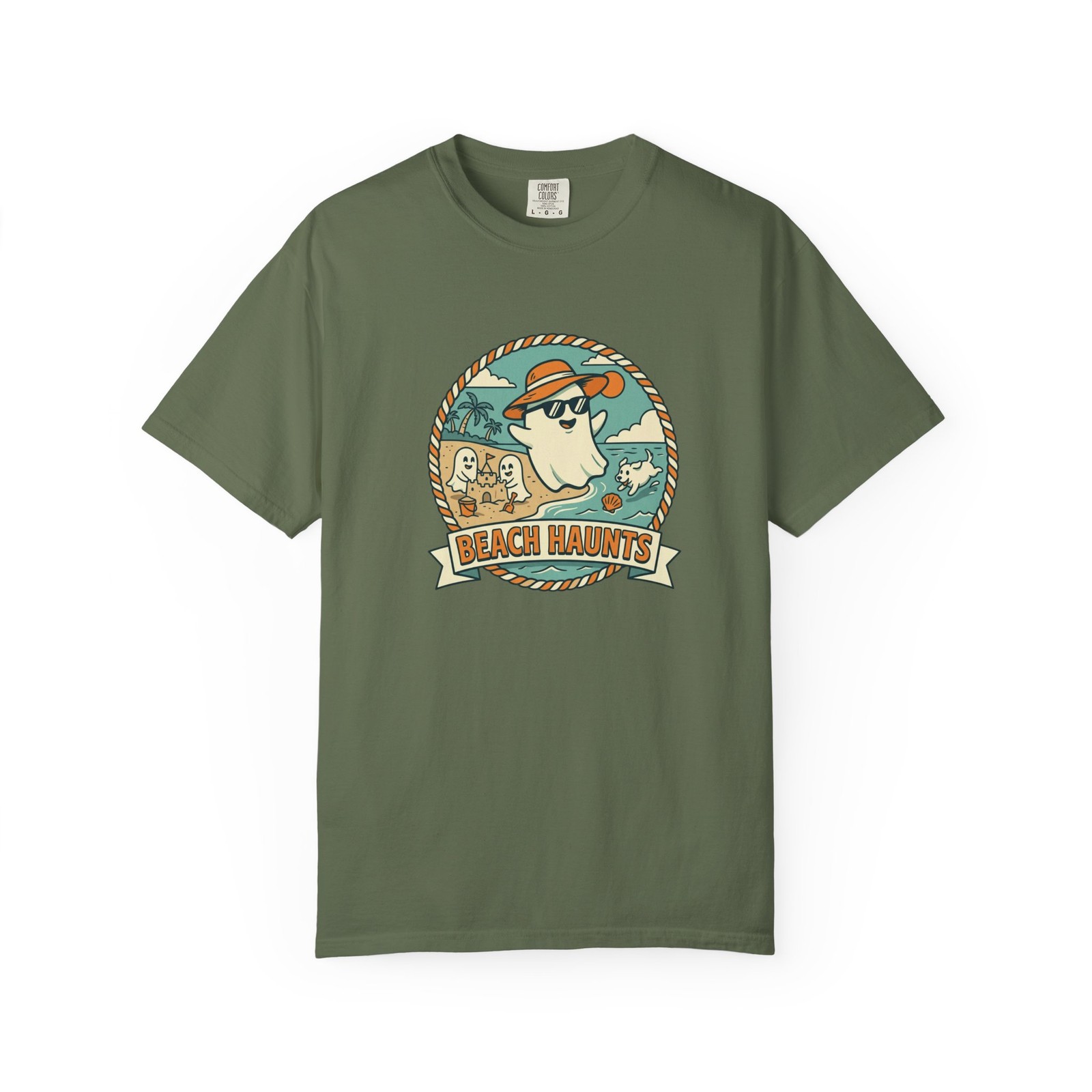 Beach Haunts ghost surfer T-shirt | coastal summer retro design
