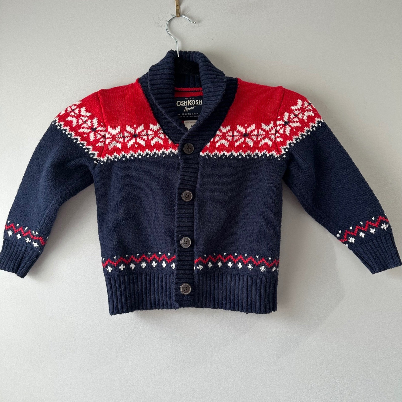 OshKosh B’gosh Kids Navy Red Snowflake Fair Isle Cardigan Sweater 3T