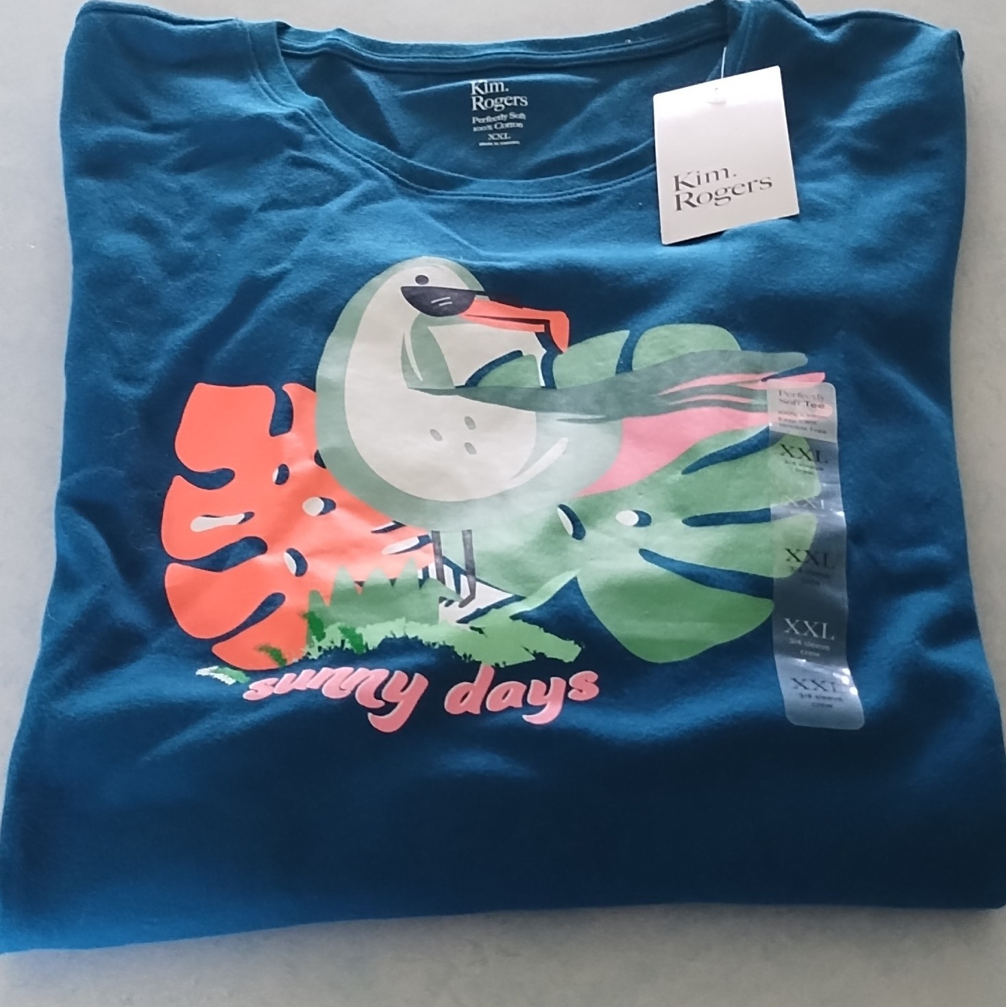 Kim Rogers Women’s XXL Teal Bird Graphic Print Crew Neck 3/4 Sleeve T-Shirt