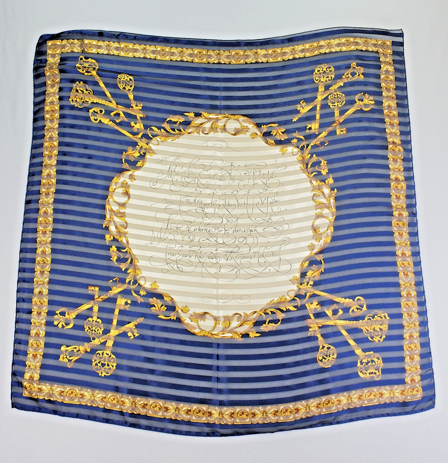 VTG Manuscript Scarf 35in Square Blue Shadow Stripe Faux Latin Gold Metallic Key