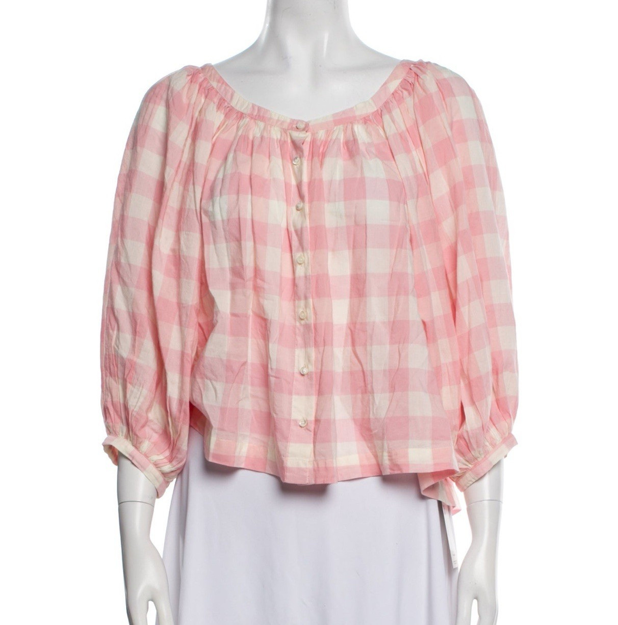DÔEN Pink White Gingham V-Neck Puff 3/4 Sleeve Button Front Blouse XL