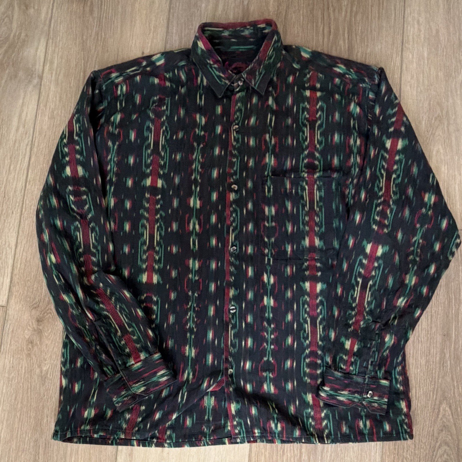 Nim-Kem Men’s L Cotton Woven Geometric Black Red Green Long Sleeve Button-Up