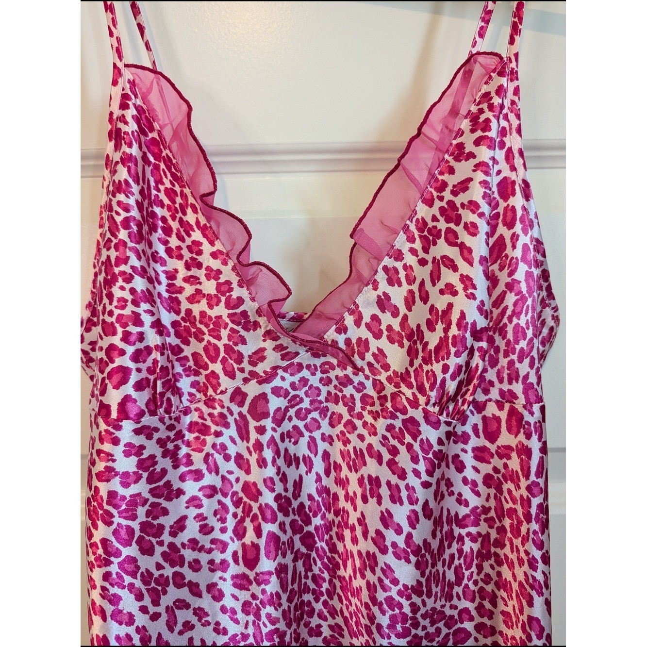 Kathryn Pink Leopard Ruffle Satin Chemise Slip