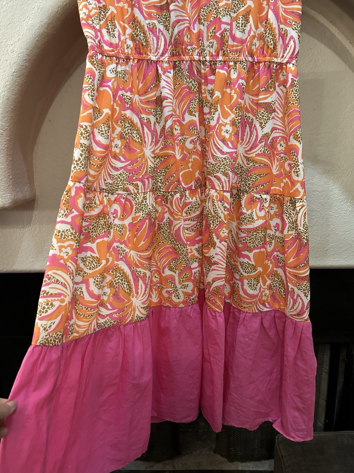 VOY Women’s L V-Neck Floral Ruffle Sleeve A-Line Knee Dress Pink Orange