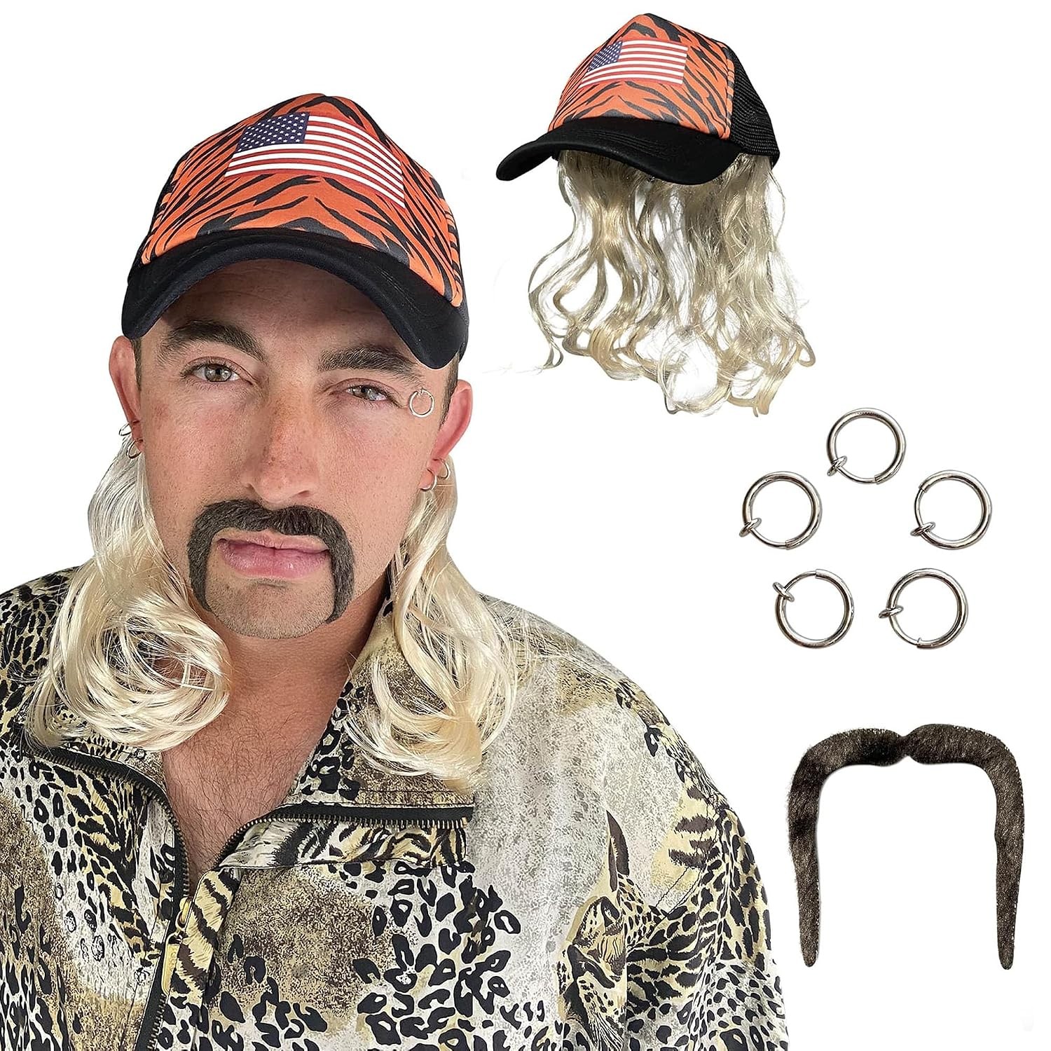 1p Exotic Tiger Joe Costume Kit, Blonde Mullet Wig with Hat One Size Fits All