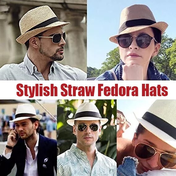 Straw Fedora Hat Trilby Cuban Cap Summer Beach Sun Panama Short Brim Floral