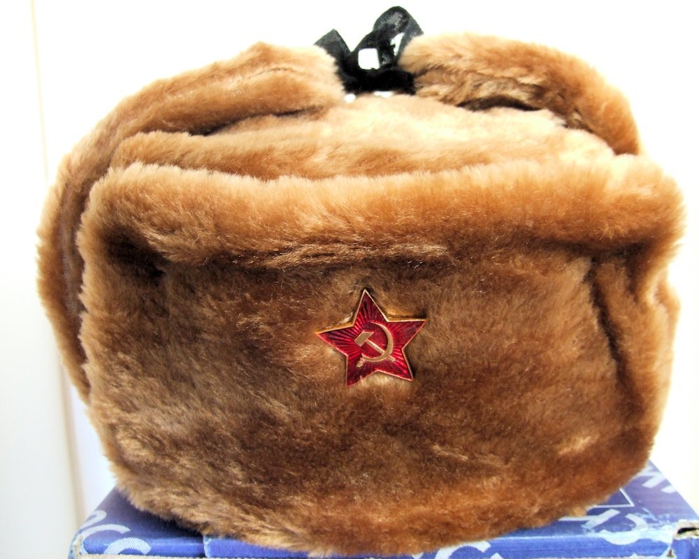 Authentic Russian Military Camel Brown KGB Ushanka Hat W/ Soviet Red Star Badge