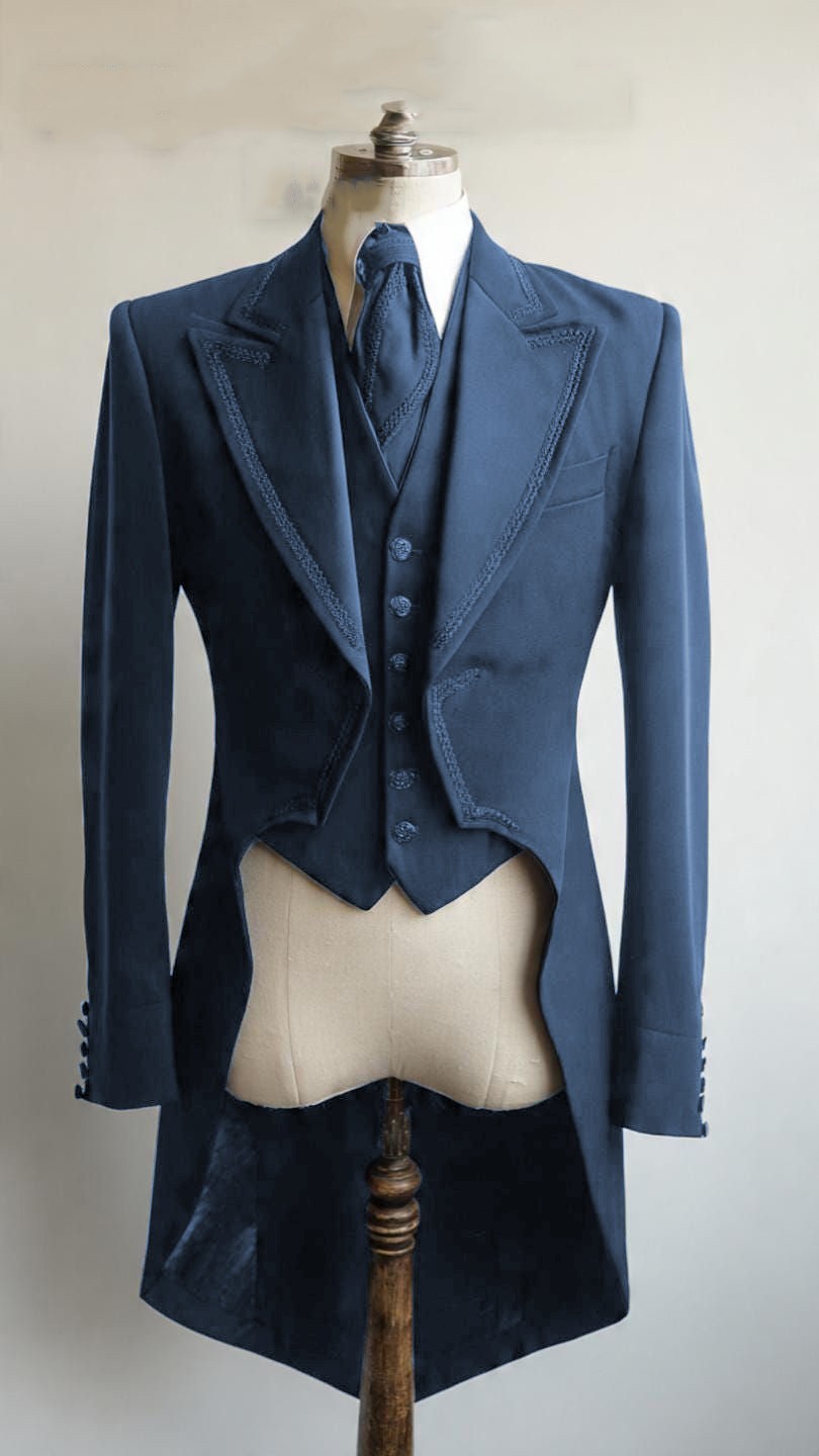 3Pcs Mens Suit Dinner Evening Tailcoat Peak Lapel Tuxedos Blazer Business Jacket