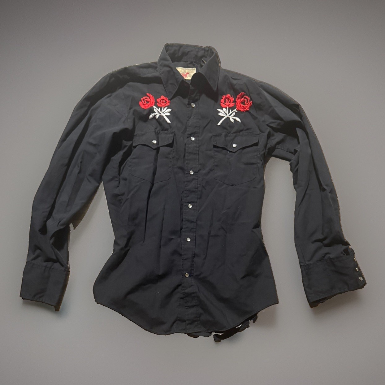 VTG authentic western Youngblood Embroidered Roses WesternShirt Black L Pearl70s