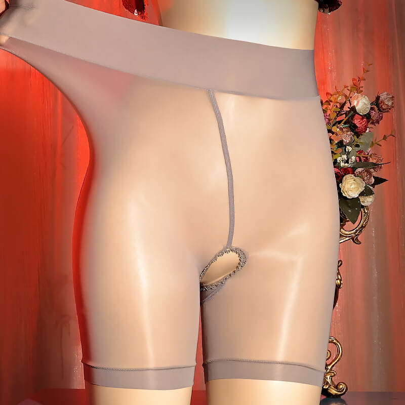 Women’s Oil Shiny Glossy Panties Underwear See Through Open Crotch Boxer Shorts