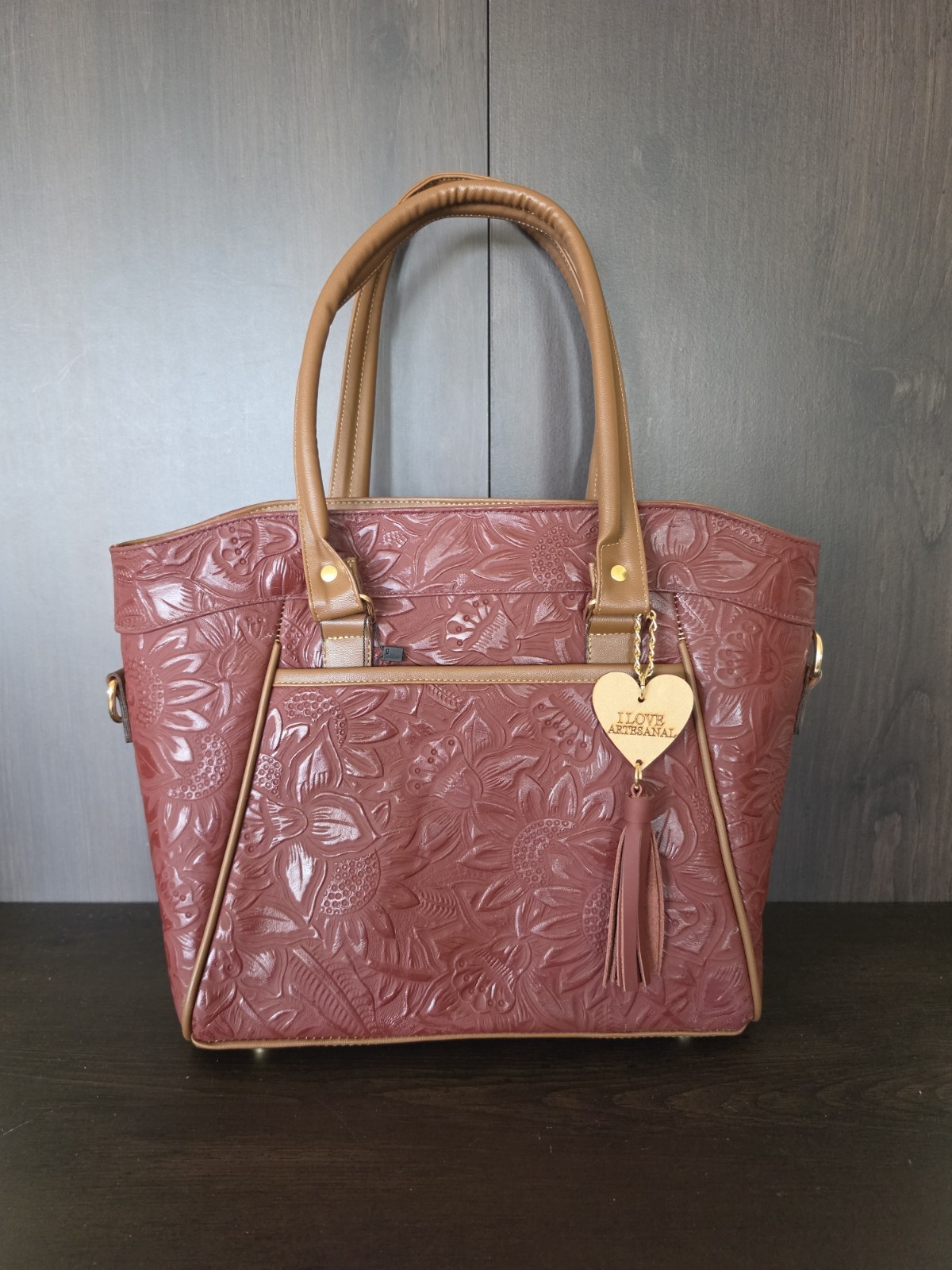 Sunflower Red Wine Brown Embossed Tooled Artisan Mexican LEATHER Purse Handbag