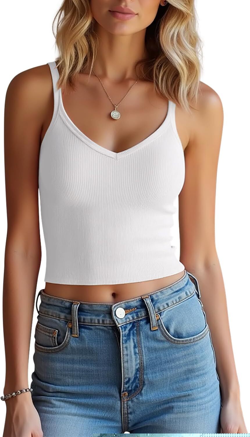 Womens V Neck Spaghetti Strap Crop Tank Tops 4 Pack Cotton Fitted Cami Summer