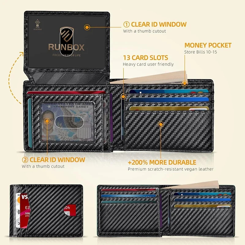 Men’s Wallet Ultra Thin Rfid Leather with ID Window Multi Card Carbon Fiber