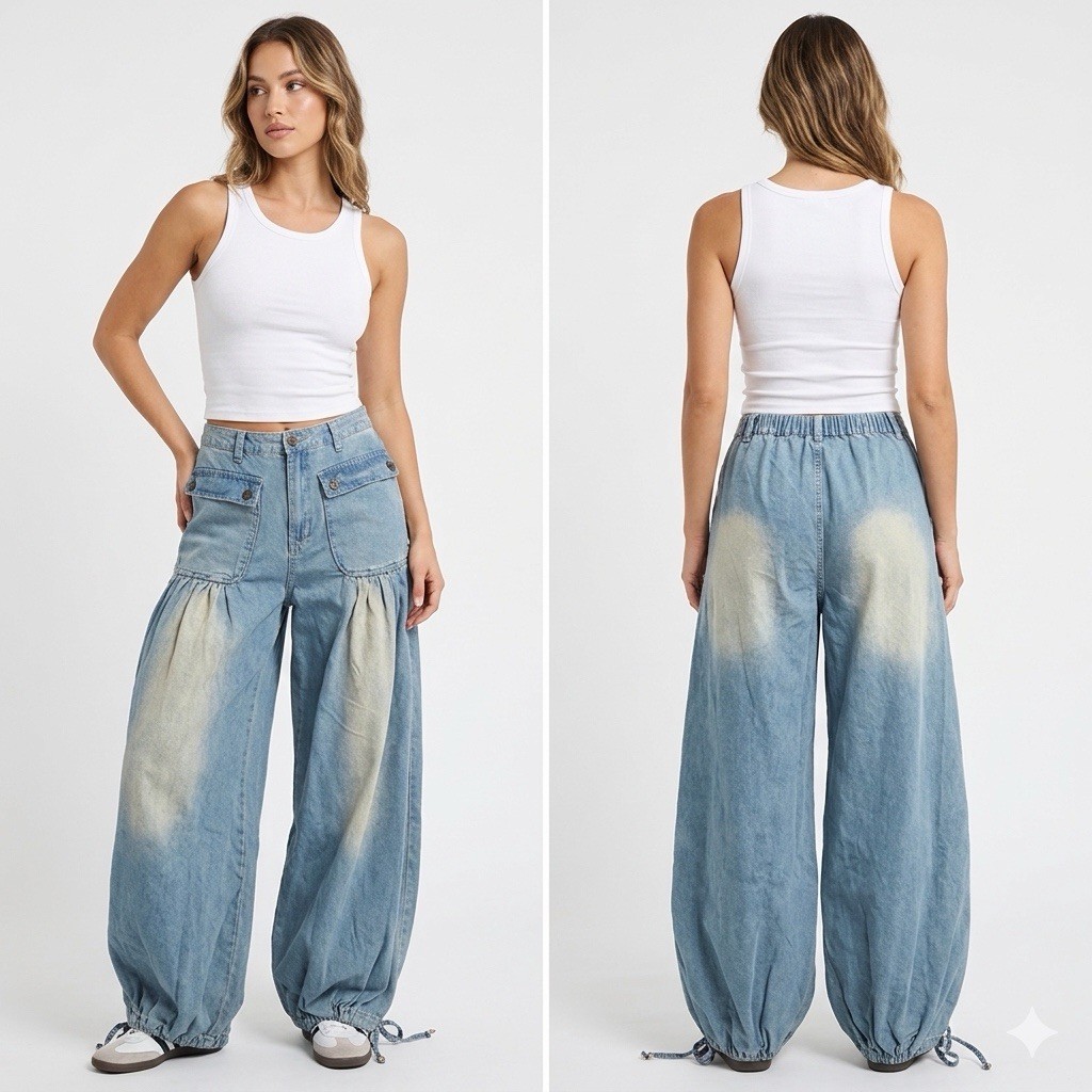 Bohemela Denim Boho Balloon Jeans Sz 26 Bleached Ankle Tie Festival Hippie NIB