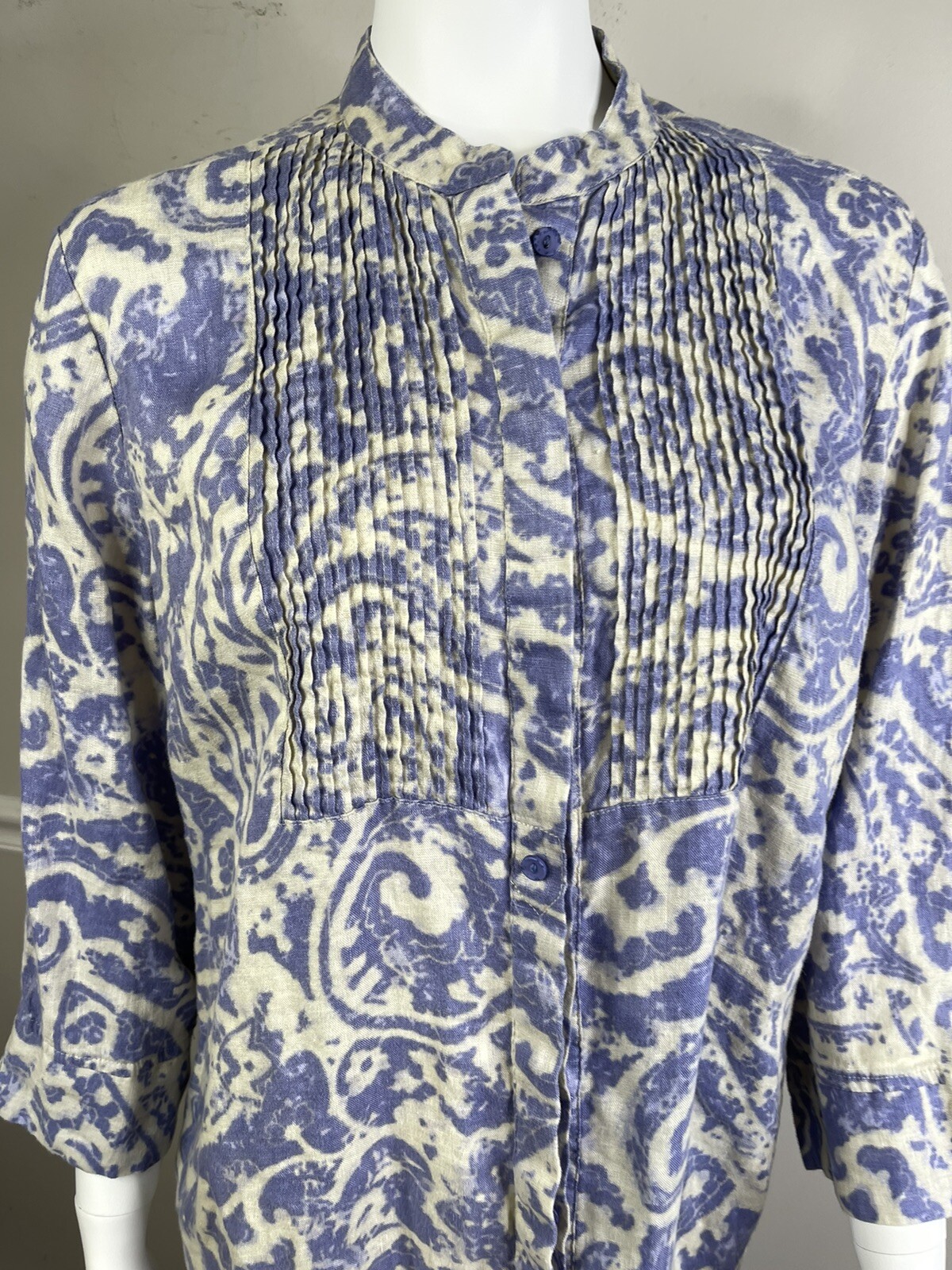COLDWATER CREEK Womens Button TOP 3/4 Sleeve PURPLE Beige Linen Size P XL