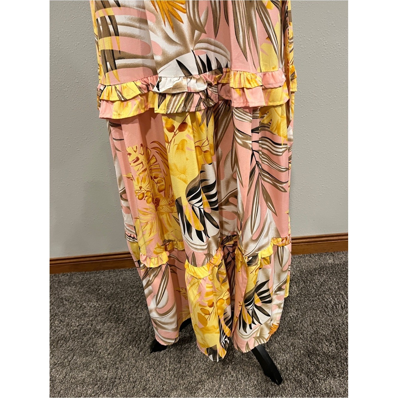One-Shoulder Pink and Yellow Tropical Maxi Dress