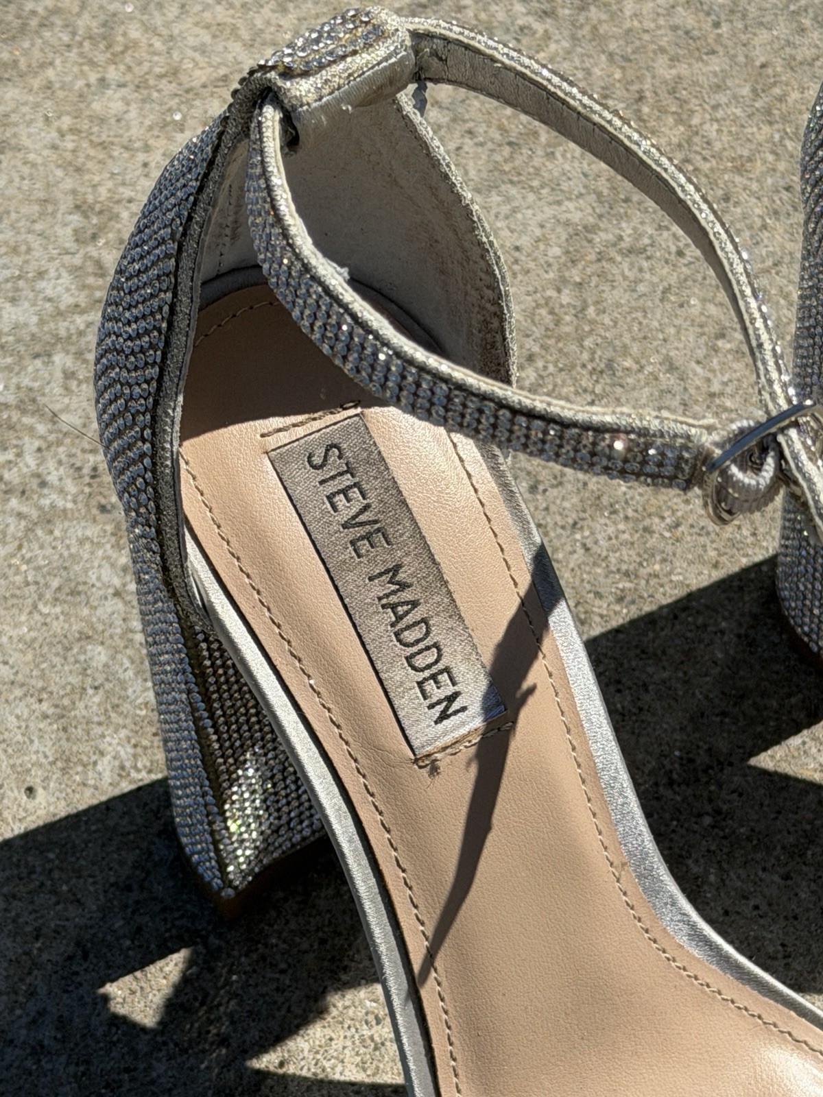 Steve Madden Women’s Silver Rhinestone Strappy Open Toe Ankle Strap Block Heels