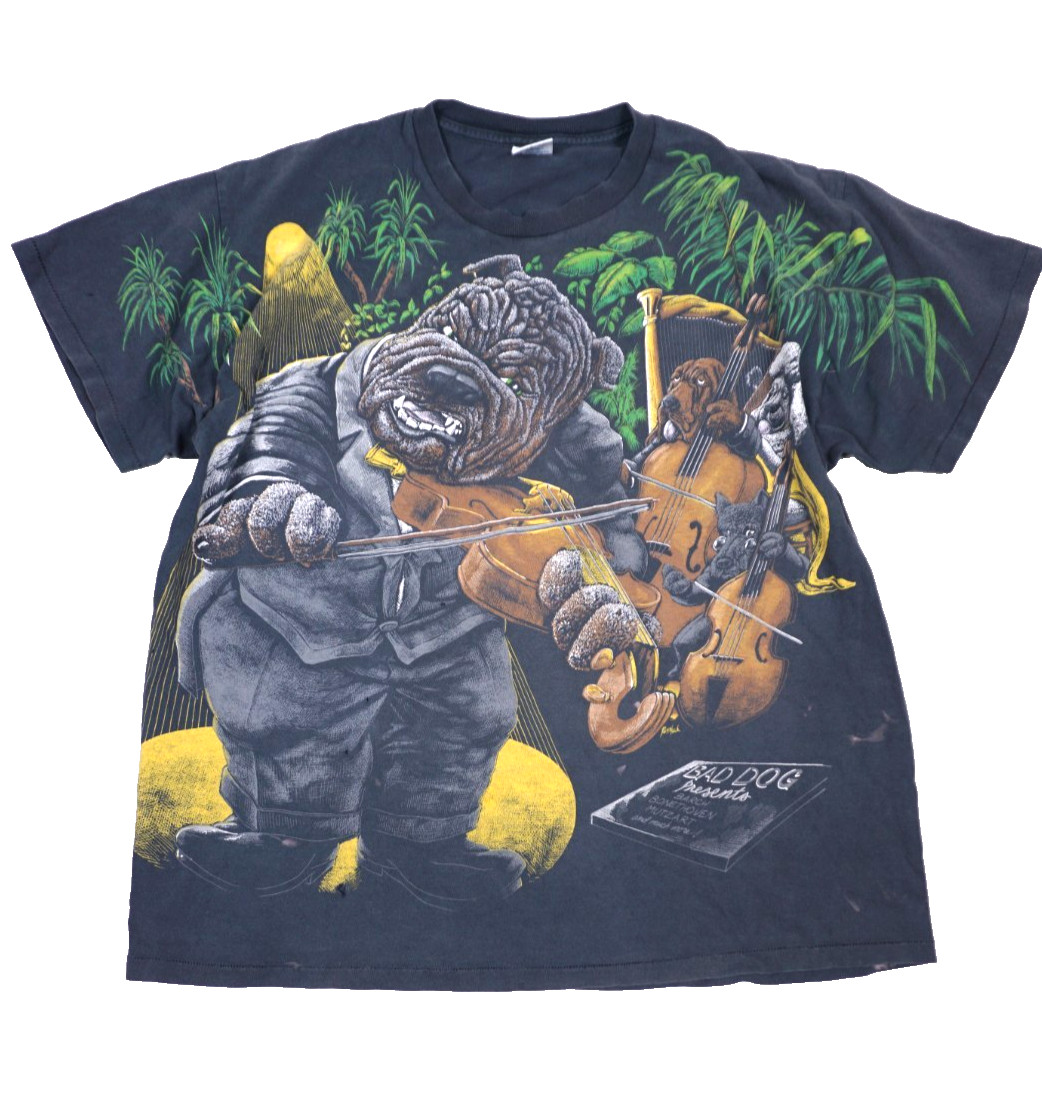 Vintage Bad Dog AOP Shirt XL All Over Print Single Stitch Music Bulldog 90s USA