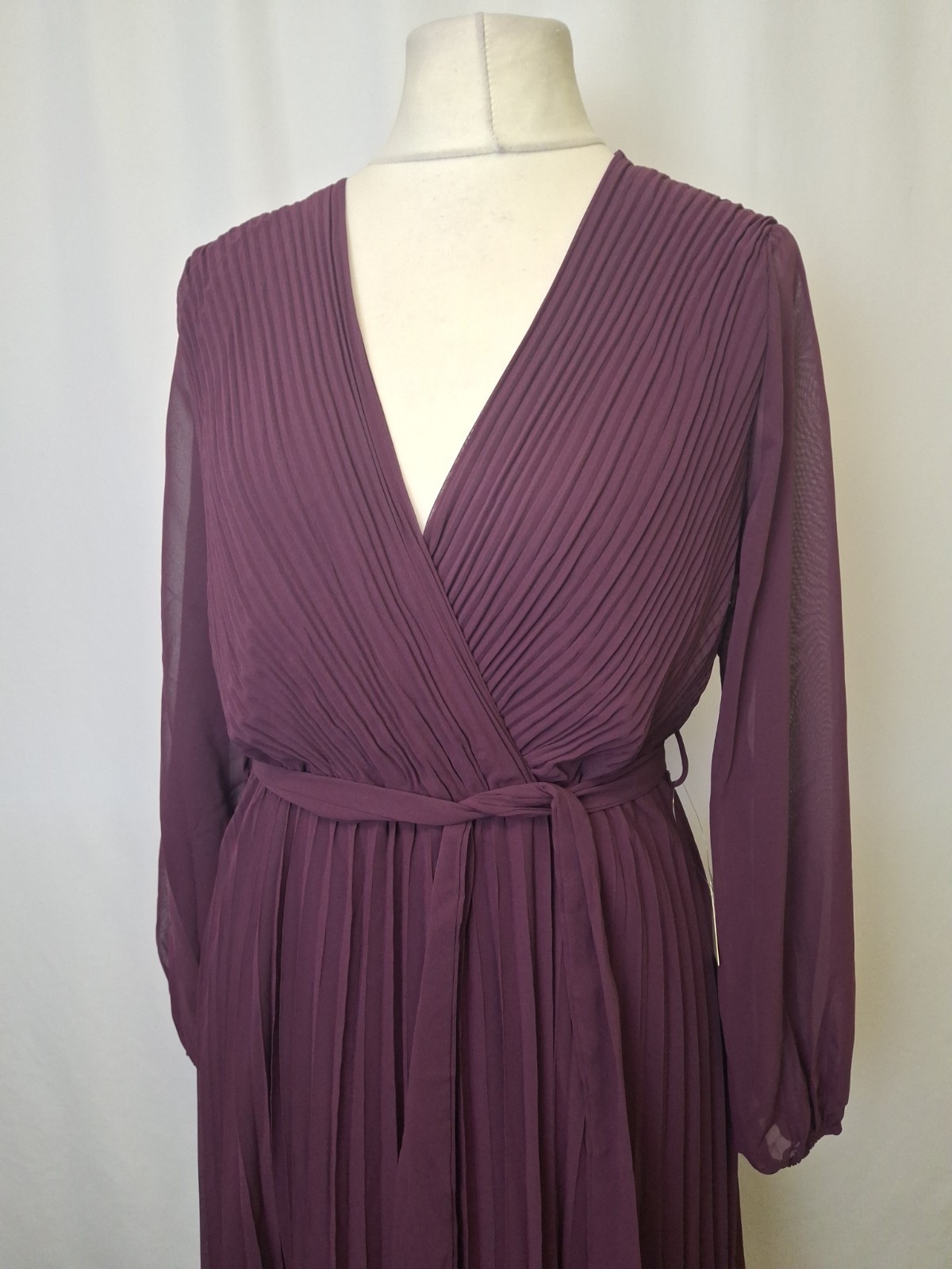 Yumi Wrap Style Pleat Midi Dress Plum Purple Belted Women’s UK14 NWT C6295